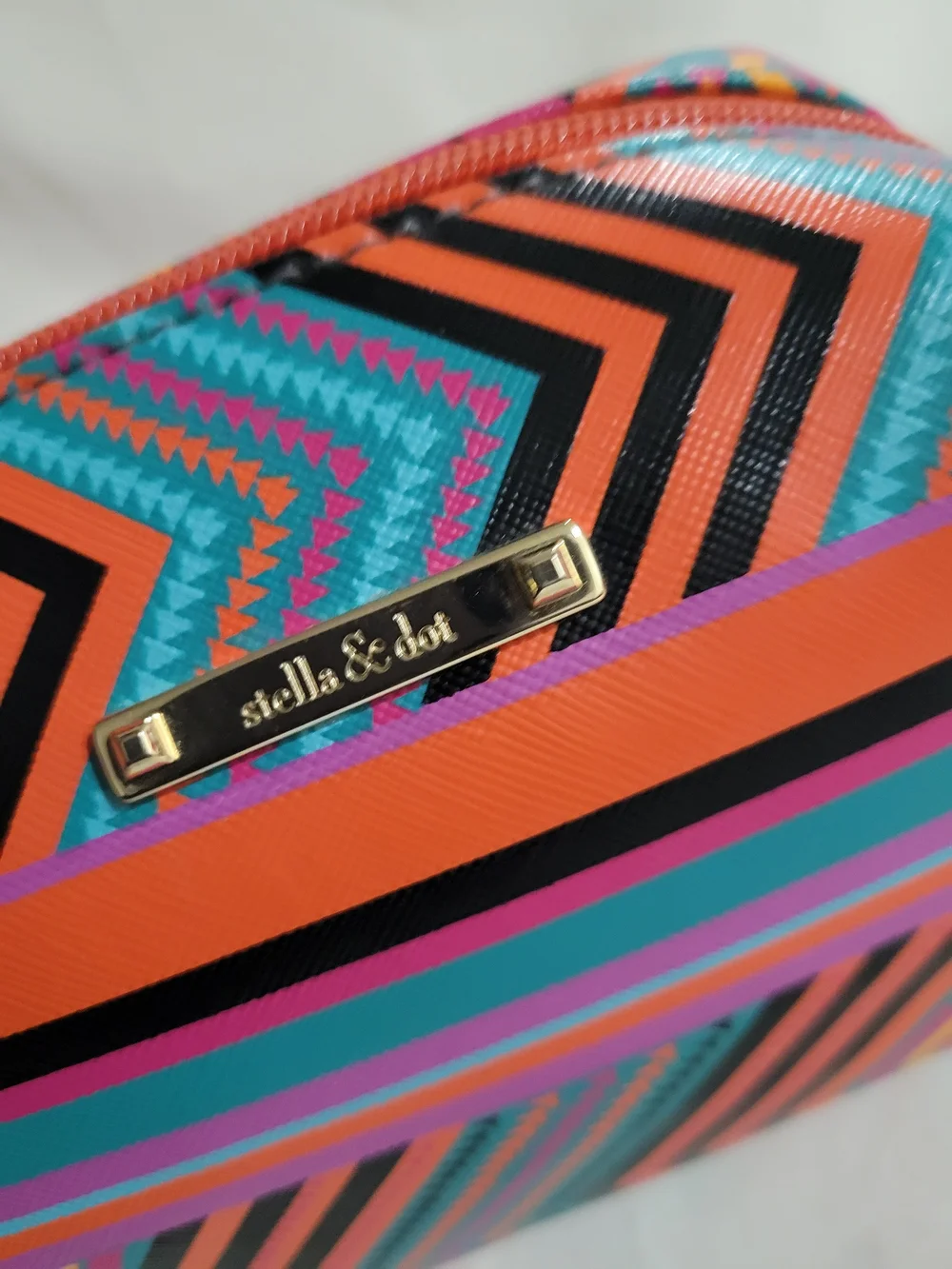 stella & dot Multicolor Chevron Cosmetic Bag - Turquoise & Orange